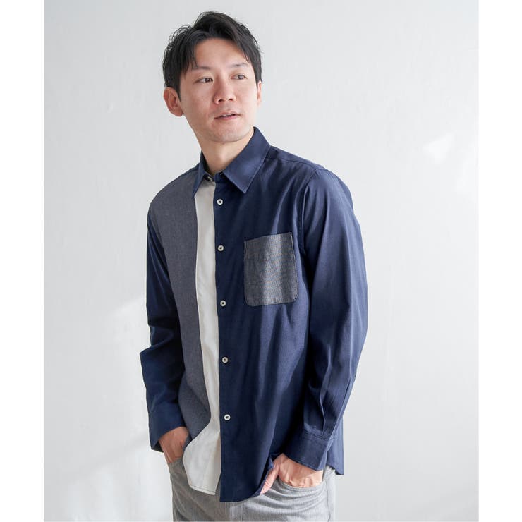 ネイビーブルー | ブロックスパイピング切り替えシャツ | ikka 