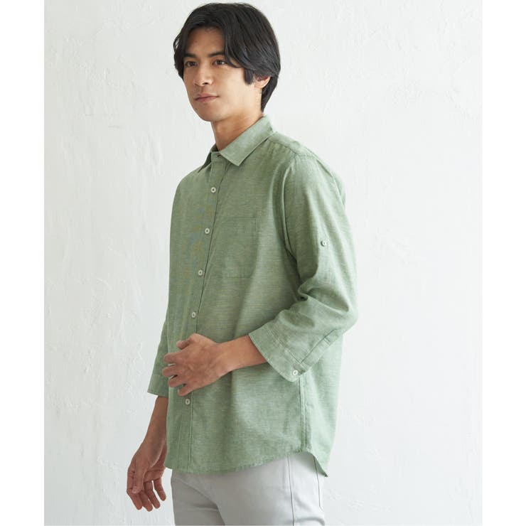 グリーン | 【吸水速乾】フレンチリネンMIX袖2WAYシャツ | ikka 