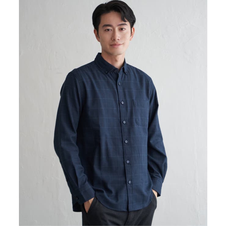 ネイビーブルー | イージーケアネルチェックスイスカラーボタンダウンシャツ | ikka 