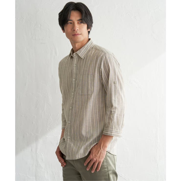 ベージュ | 【吸水速乾】フレンチリネンMIX袖2WAYストライプシャツ | ikka 