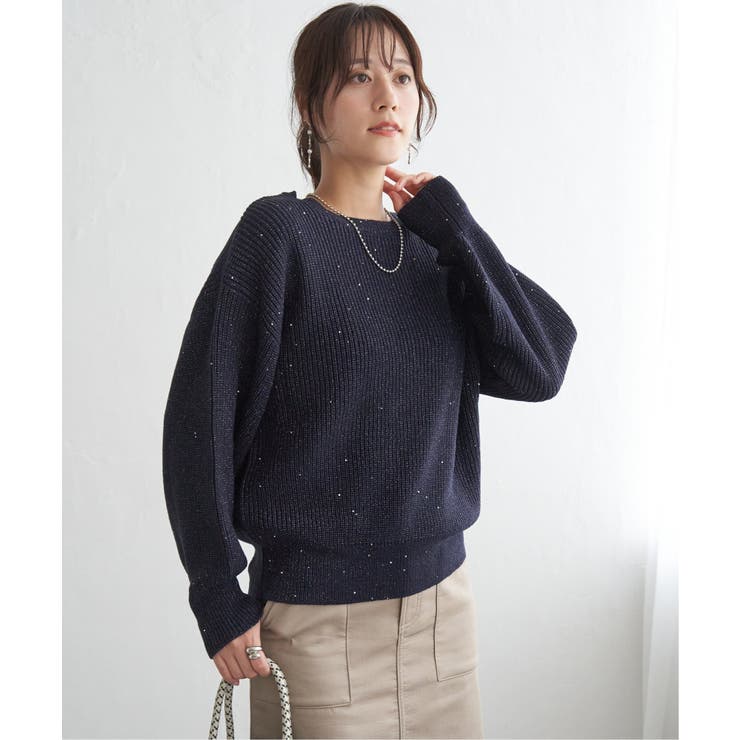ネイビーブルー | ラメスパンコールニットプルオーバー | ikka 