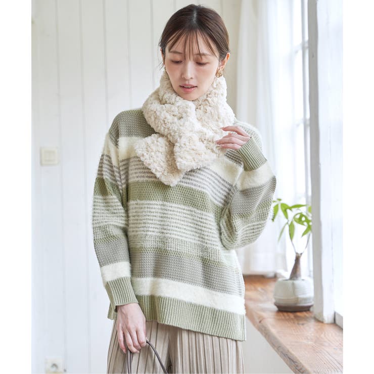 ミントグリーン | フェザー切り替えボーダーニットプルオーバー | ikka 