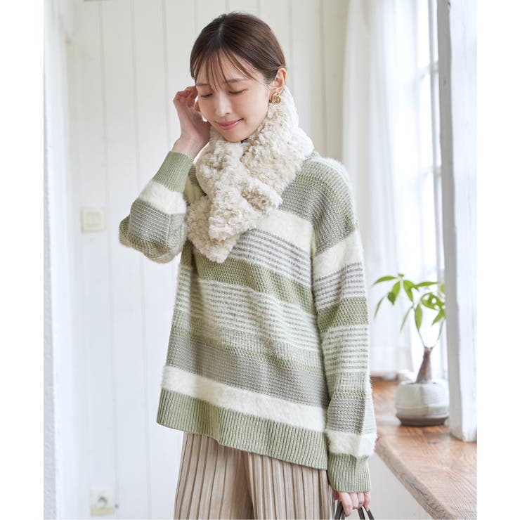 フェザー切り替えボーダーニットプルオーバー | ikka  | 詳細画像2 