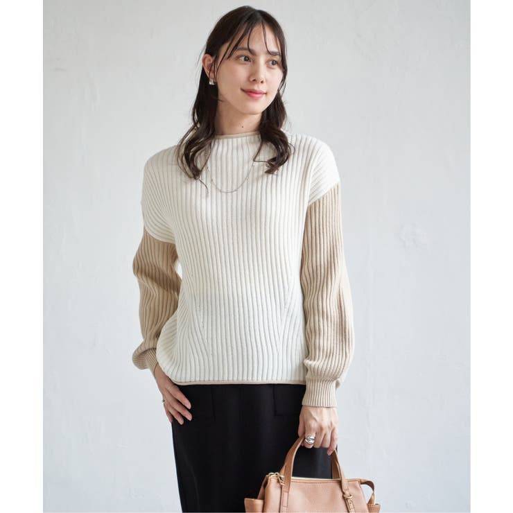オフホワイト | 袖配色ワイドリブニットプルオーバー | ikka 