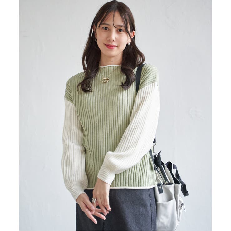 ミントグリーン | 袖配色ワイドリブニットプルオーバー | ikka 