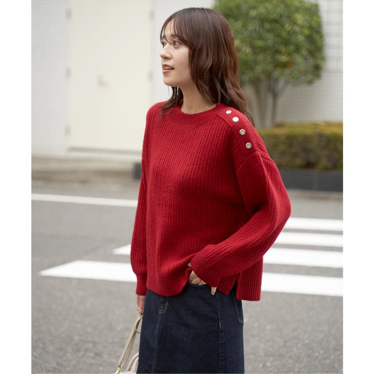 レッド | 肩ボタン変形リブニットプルオーバー | ikka 
