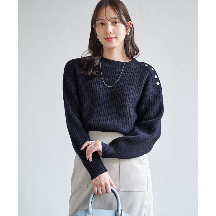 ネイビーブルー | 肩ボタン変形リブニットプルオーバー | ikka 