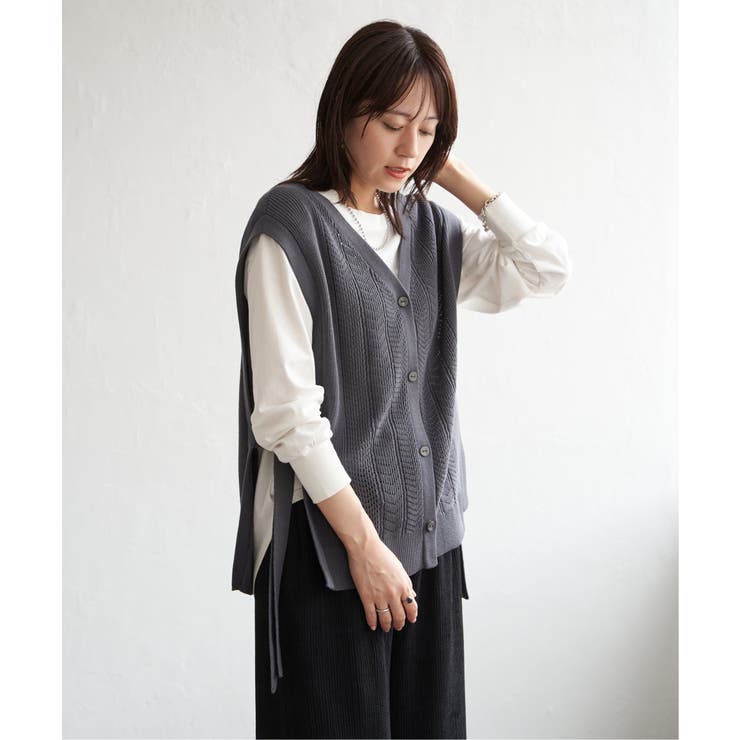 チャコール | 綿混サイドリボンニットベスト | ikka 