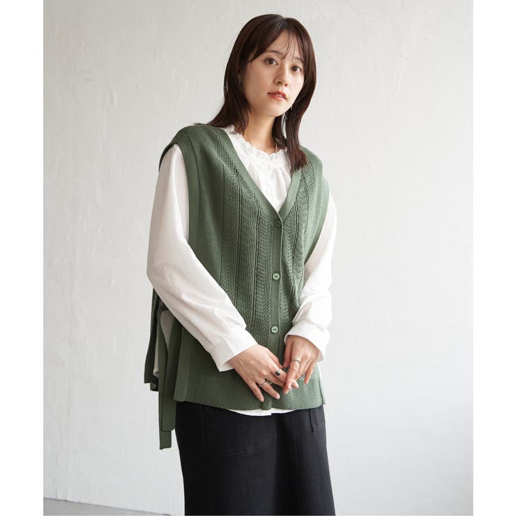 グリーン | 綿混サイドリボンニットベスト | ikka 