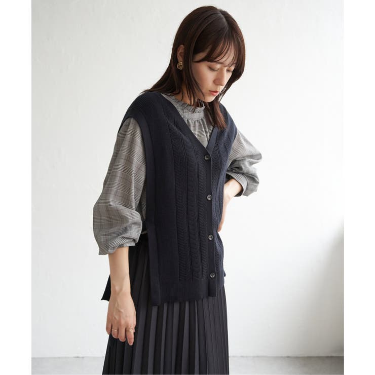 ネイビーブルー | 綿混サイドリボンニットベスト | ikka 