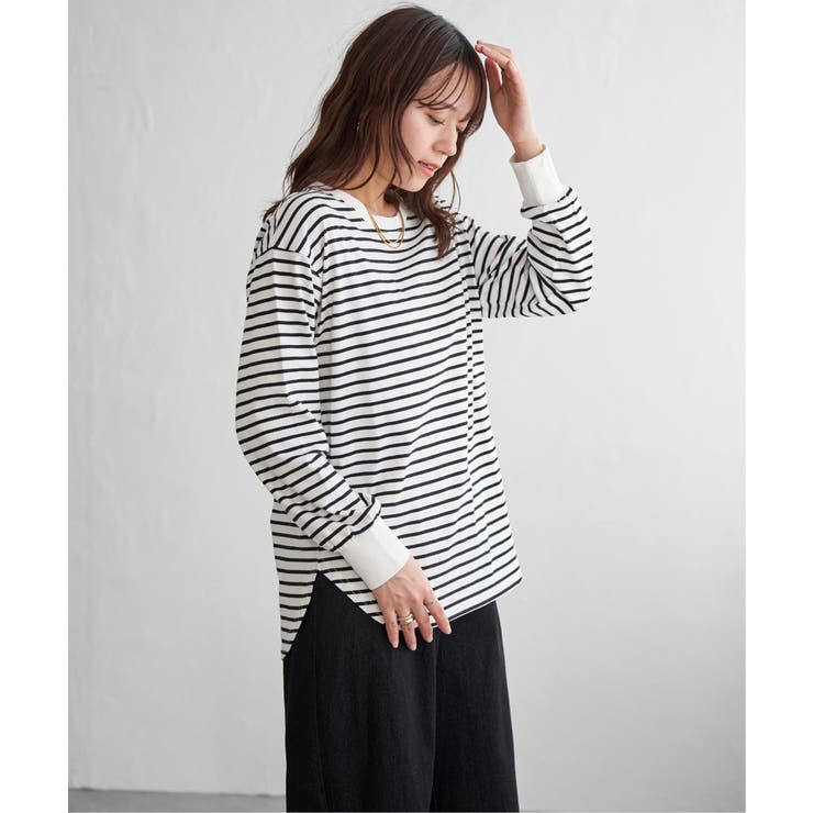 ホワイト | コットンUVケア裾ラウンドロンT | ikka 