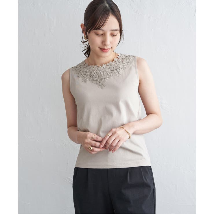 ベージュ | 【接触冷感／UVカット】コットンUSA前後レースタンクトップ | ikka 