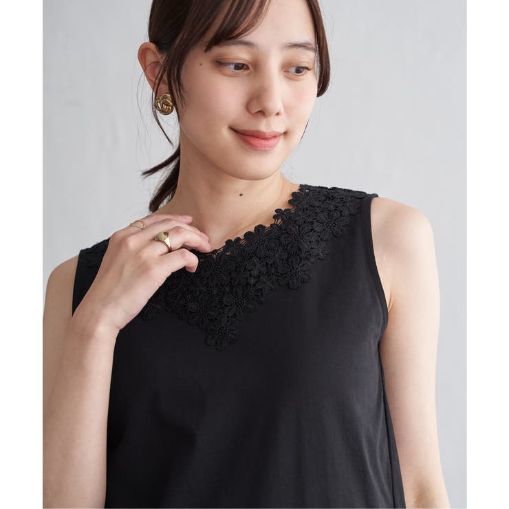 【接触冷感／UVカット】コットンUSA前後レースタンクトップ | ikka  | 詳細画像10 