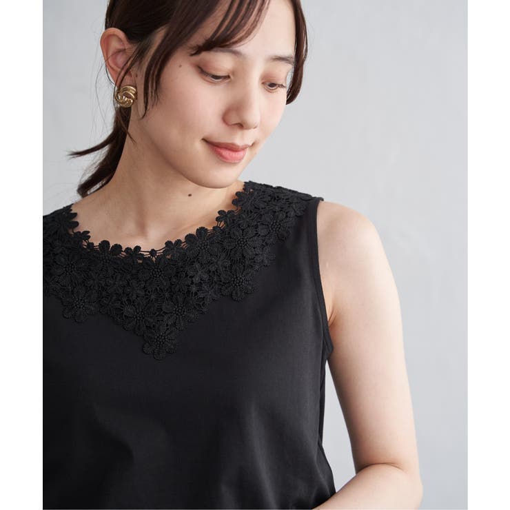 【接触冷感／UVカット】コットンUSA前後レースタンクトップ | ikka  | 詳細画像11 