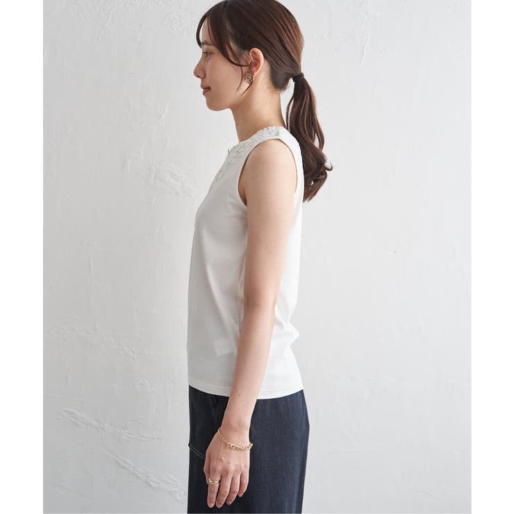 【接触冷感／UVカット】コットンUSA前後レースタンクトップ | ikka  | 詳細画像14 