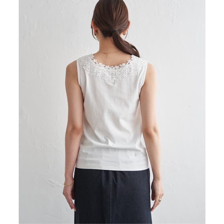 【接触冷感／UVカット】コットンUSA前後レースタンクトップ | ikka  | 詳細画像15 