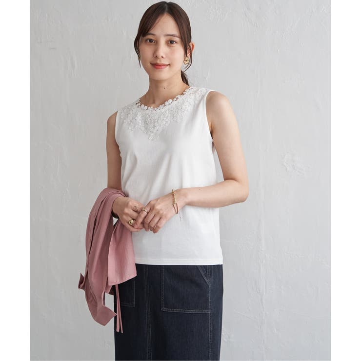 オフホワイト | 【接触冷感／UVカット】コットンUSA前後レースタンクトップ | ikka 