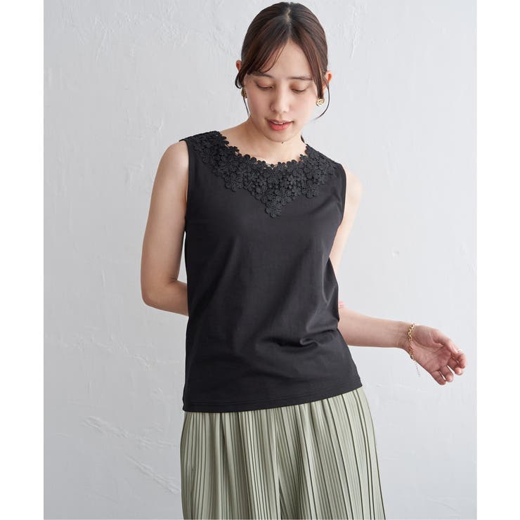 ブラック | 【接触冷感／UVカット】コットンUSA前後レースタンクトップ | ikka 