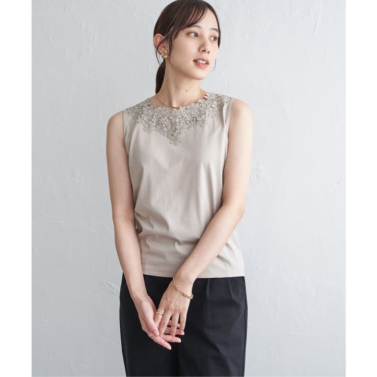 【接触冷感／UVカット】コットンUSA前後レースタンクトップ | ikka  | 詳細画像2 