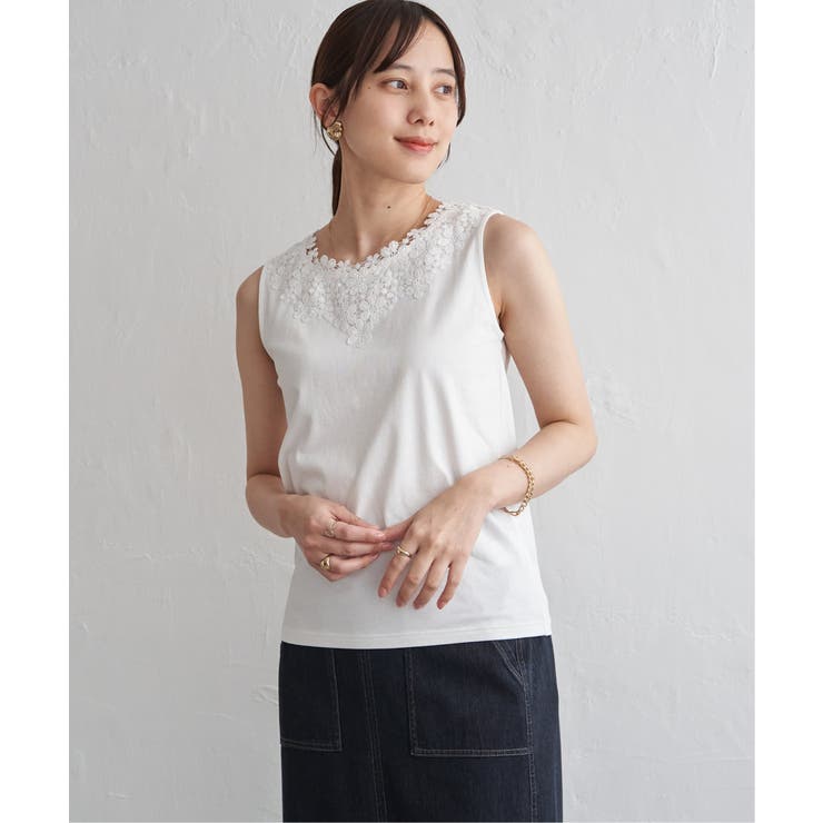 【接触冷感／UVカット】コットンUSA前後レースタンクトップ | ikka  | 詳細画像5 