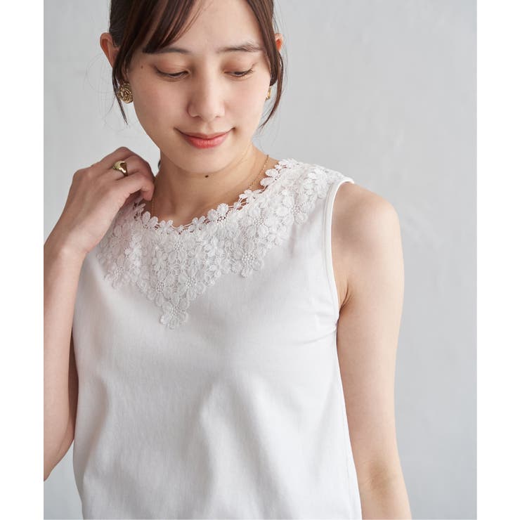 【接触冷感／UVカット】コットンUSA前後レースタンクトップ | ikka  | 詳細画像6 
