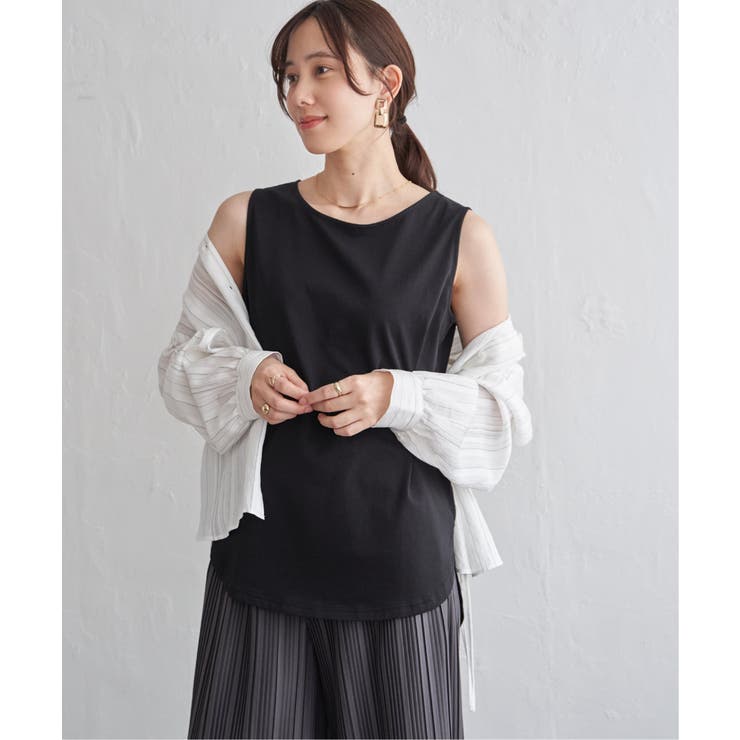 ブラック | 【雑誌InRed6月号掲載】コットンUSA裾ラウンドノースリプルオーバー【接触冷… | ikka 