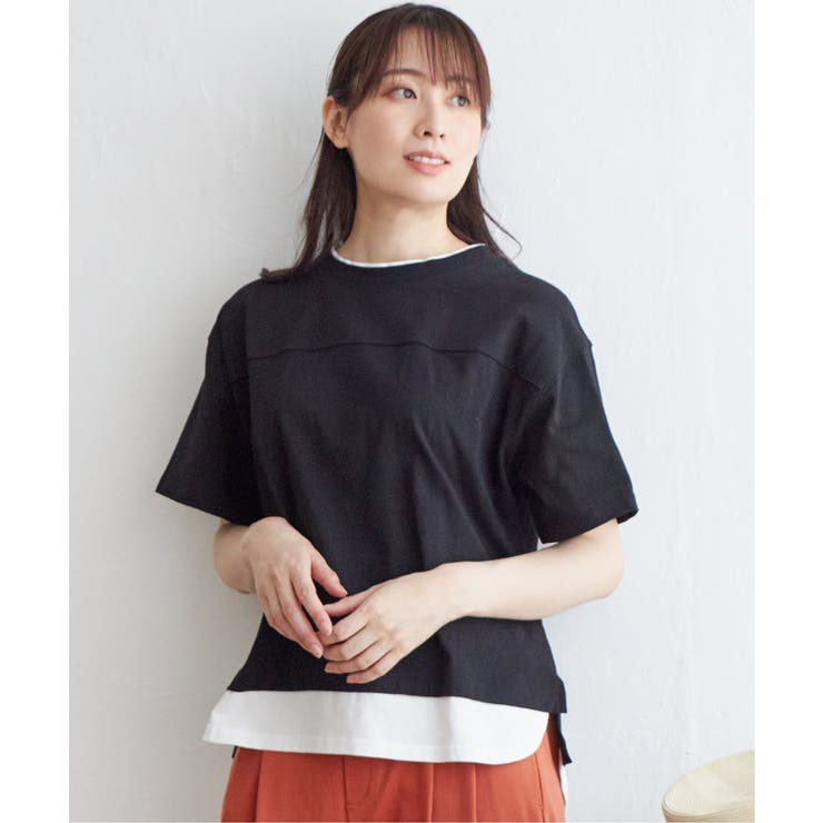 ブラック | コットンUSA裾レイヤードTシャツ | ikka 