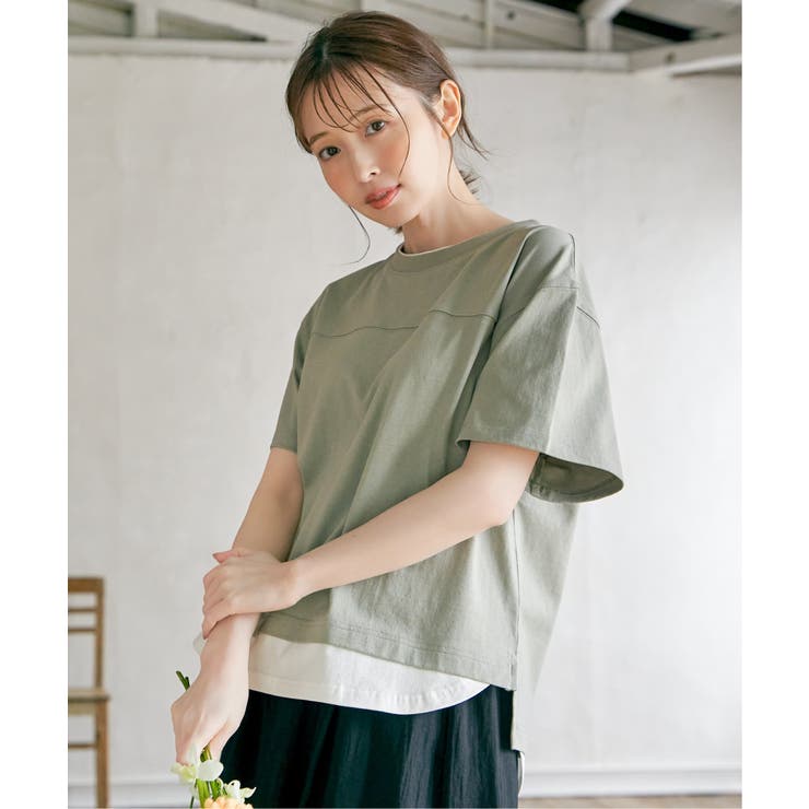 グリーン | コットンUSA裾レイヤードTシャツ | ikka 