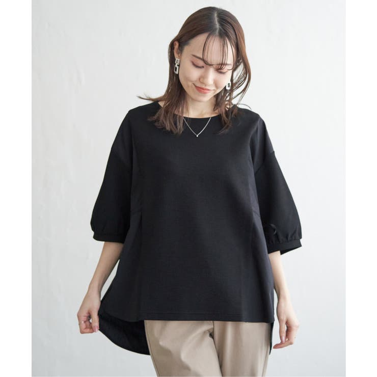 ブラック | 異素材切り替えサイドリボンプルオーバー | ikka 