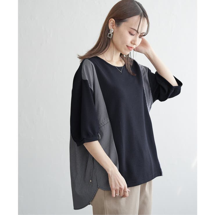 ネイビーブルー | 異素材切り替えサイドリボンプルオーバー | ikka 