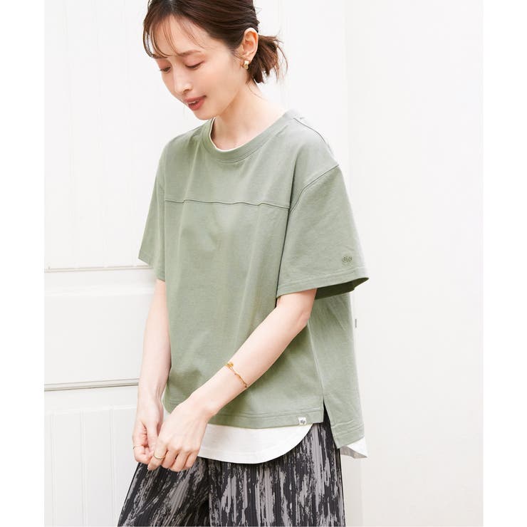 グリーン | コットンUSA袖刺繍レイヤーTシャツ | ikka 