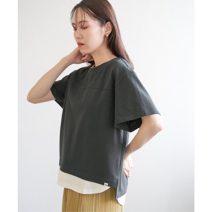 チャコール | コットンUSA袖刺繍レイヤーTシャツ | ikka 
