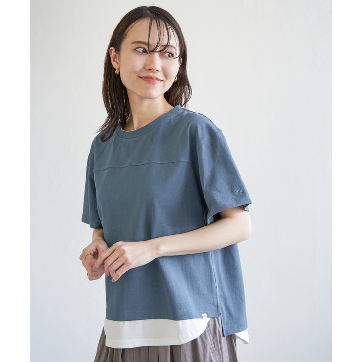 ブルー | コットンUSA袖刺繍レイヤーTシャツ | ikka 