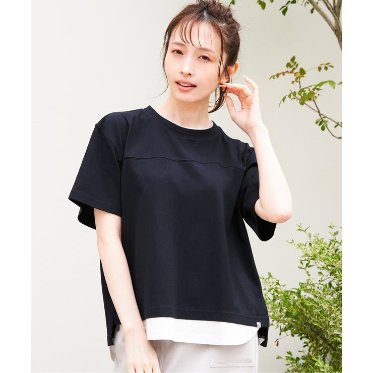ネイビーブルー | コットンUSA袖刺繍レイヤーTシャツ | ikka 