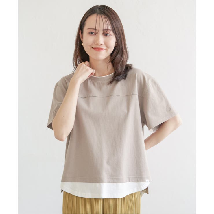 ベージュ | コットンUSA袖刺繍レイヤーTシャツ | ikka 