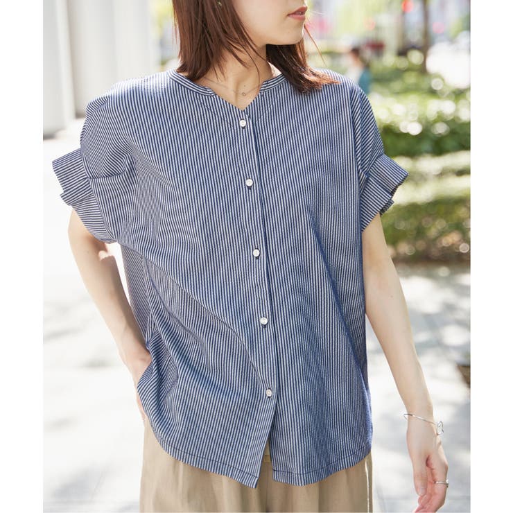 ネイビーブルー | シアサッカー2WAY袖タックプルオーバー | ikka 