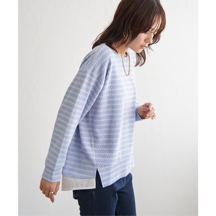 ブルー | カットジャガード裾レイヤープルオーバー | ikka 