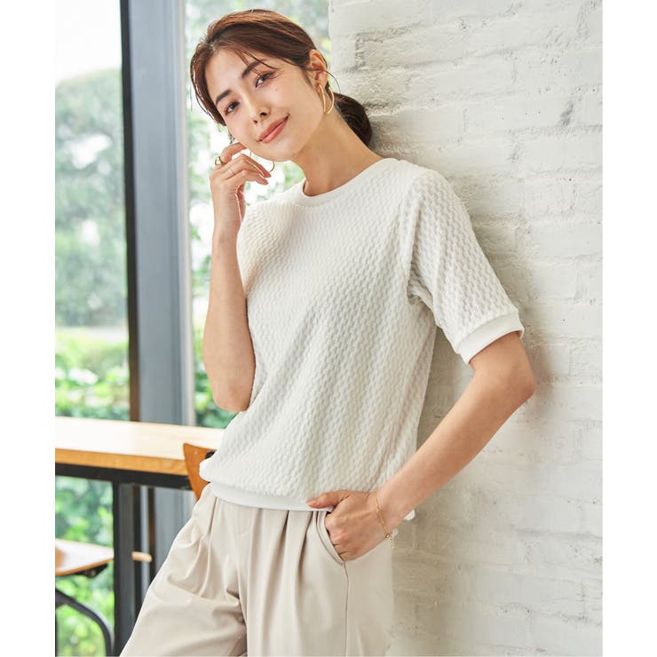 オフホワイト | 幾何学柄ジャカード半袖プルオーバー 【親子コーデ】  | ikka 