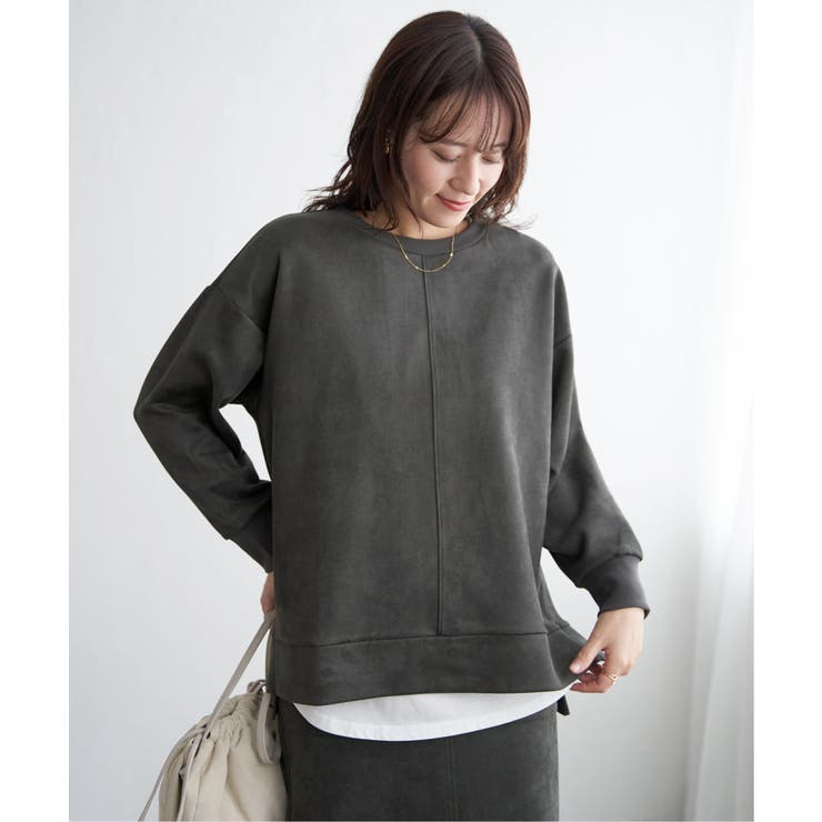 チャコール | GOKU楽カットソー フェイクスエード裾スリットプルオーバー | ikka 