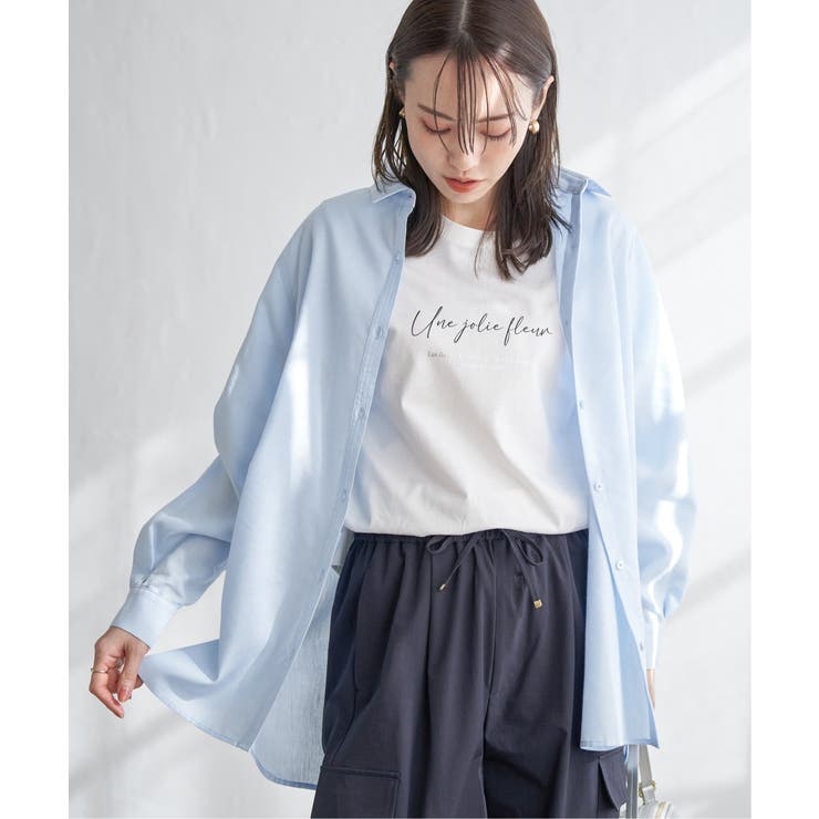 ブルー | フレンチリネンMIX裾刺繍シャツ | ikka 