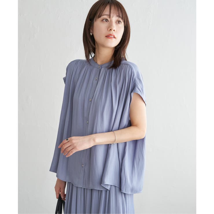 ブルー | 【セットアップ対応】カッセンギャザーフレンチ袖ブラウス | ikka 