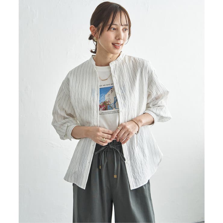 ホワイト | 冷感リネンバンドカラーシャツ | ikka 