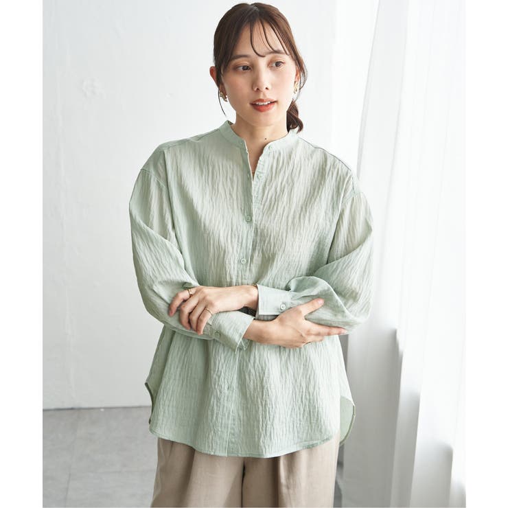 ライトグリーン | 冷感リネンバンドカラーシャツ | ikka 