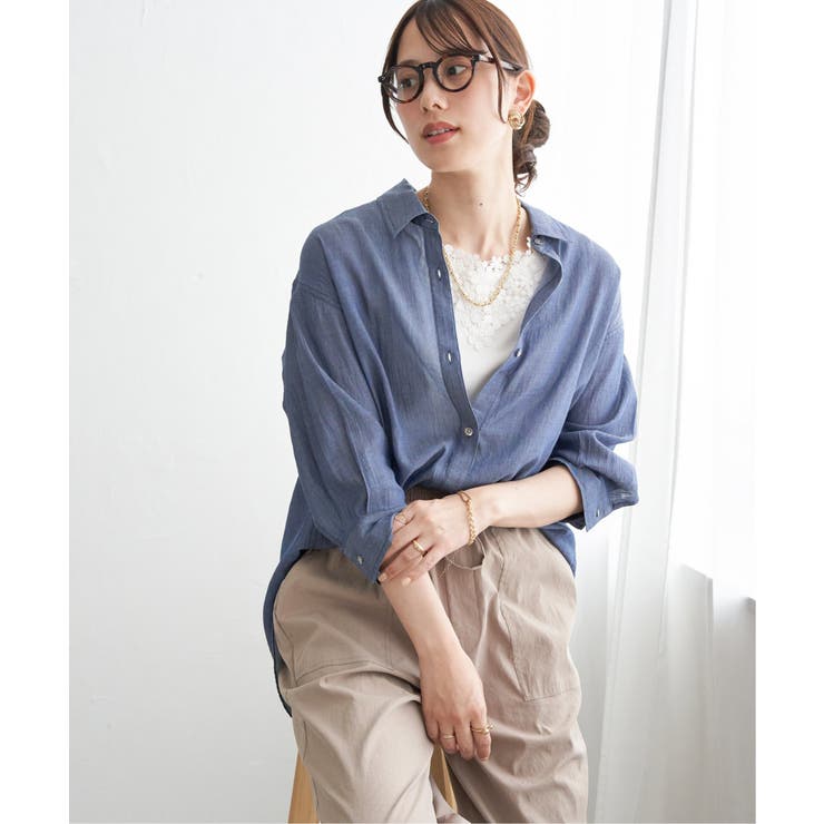 ネイビーブルー | シアーデニム7分袖シャツ | ikka 