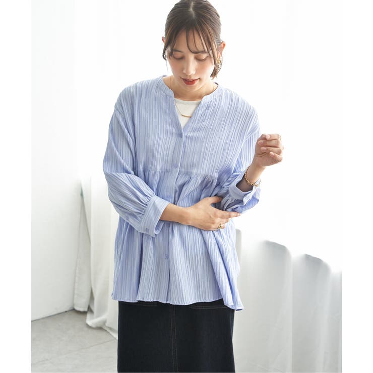 ブルー | 冷感楊柳バンドカラーシャツ | ikka 