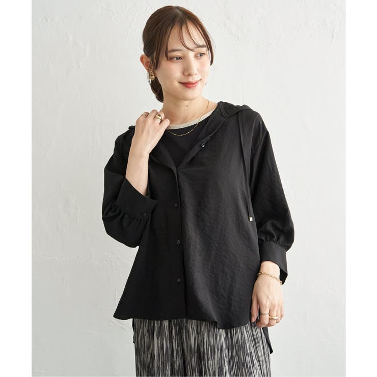 ブラック | 【接触冷感／UVカット】シアー7分袖フードシャツ | ikka 