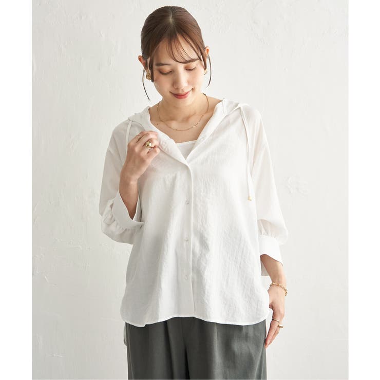 【接触冷感／UVカット】シアー7分袖フードシャツ | ikka  | 詳細画像3 