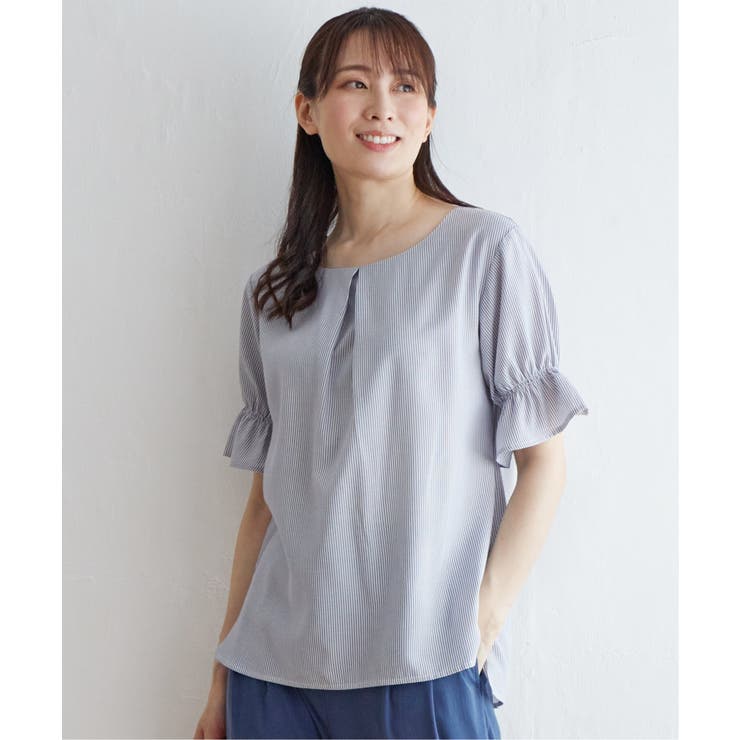 ネイビー | 【接触冷感】ひやっとシャーリングスリーブブラウス | ikka 
