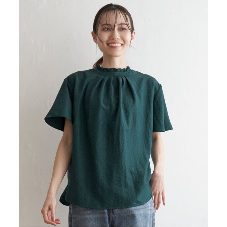 Dkグリーン | 襟フリル2WAY半袖ブラウス | ikka 