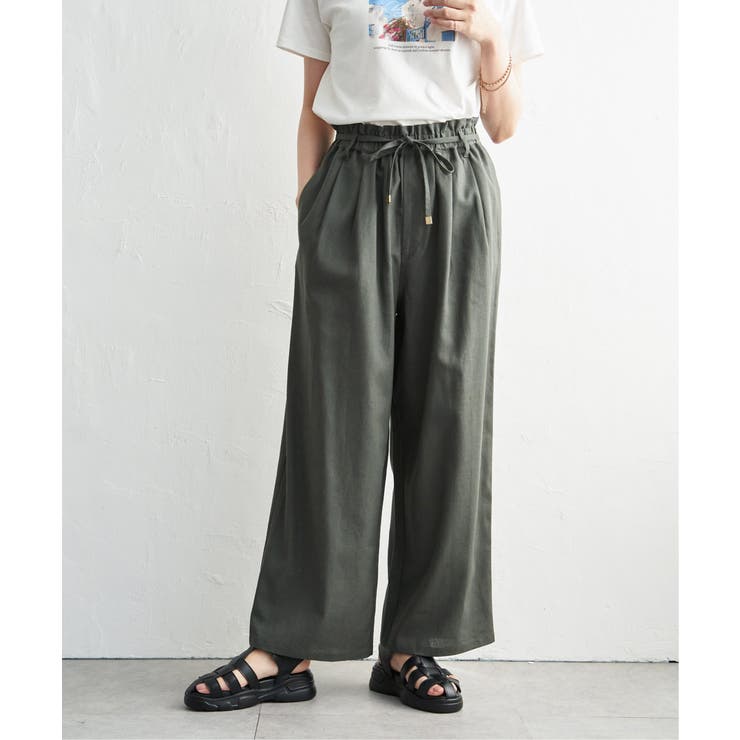 チャコール | 麻混ベルト付きイージーパンツ | ikka 